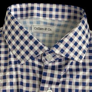 Collars & Co Polo Shirt Mens L Purple Gingham Plaid Button Up Quattro Flex NEW